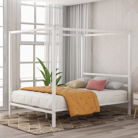 Queen Metal Canopy Bed Frame, High Quality Steel Bed Frame with Headboard, No Box Spring Needed, Easy Assembly(Queen,White)