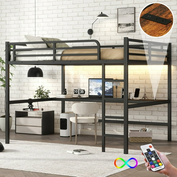 Queen Metal Loft Bed with Desk, Built-in Power Outlet & LED Lights, Space-Saving Study Sleeper for Teens & Adults
