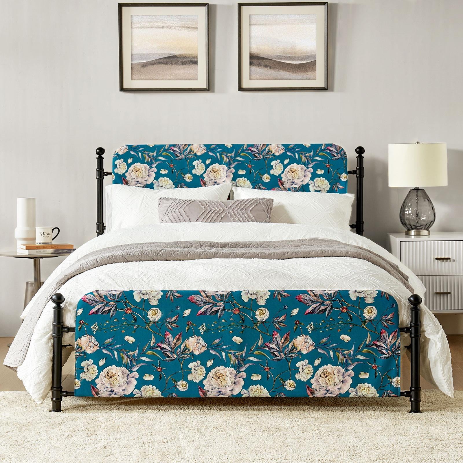 Queen Metal Platform Bed Frame Washable Blue Upholstered Slipcover with Headboard Footboard