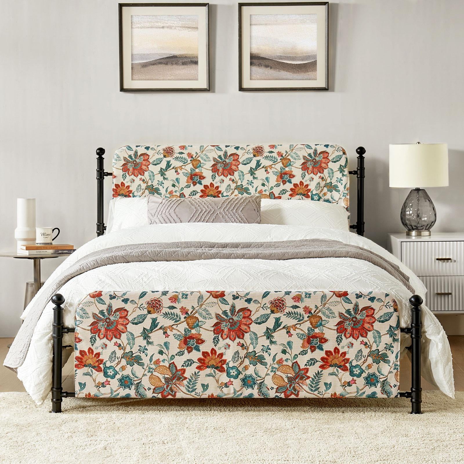 Queen Metal Platform Bed Frame Washable Orange Upholstered Slipcover