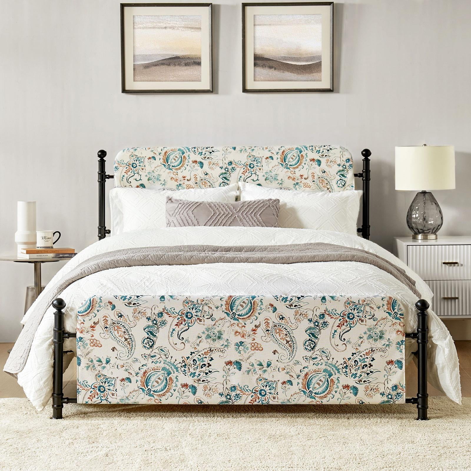 Queen Metal Bed Frame Washable Sapphire Upholstered Slipcover with Headboard Footboard Under