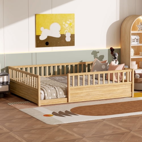 Queen Montessori Floor Bed with Safety Guardrails, Low Profile Wood Platform Bed Frame, No Box Spring Needed, for Shared Bedroom, Natural