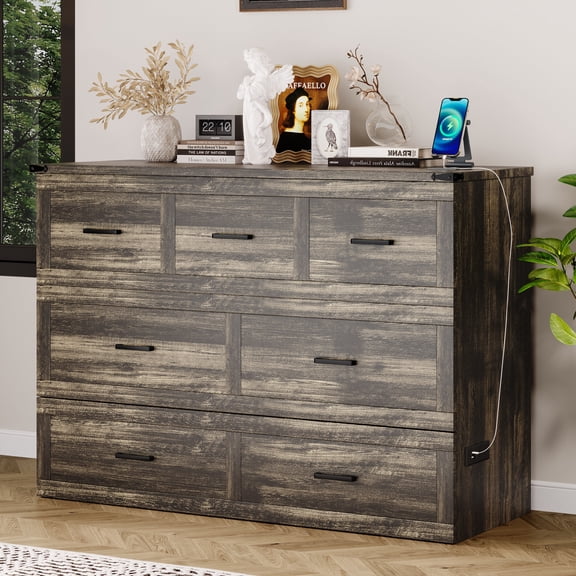 Queen Murphy Bed Cabinet with Charging Station, Foldable Platform Bed with Large Storage Drawer and Open Shelf, Queen Size Chest Cube Bed for Guest Room, Small Bedroom, Gray