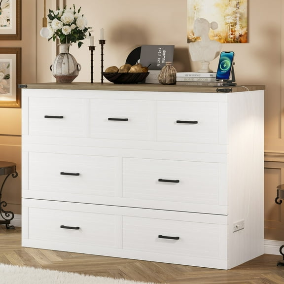 Queen Murphy Bed Cabinet with Charging Station, Foldable Platform Bed with Large Storage Drawer and Open Shelf, Queen Size Chest Cube Bed for Guest Room, Small Bedroom, White