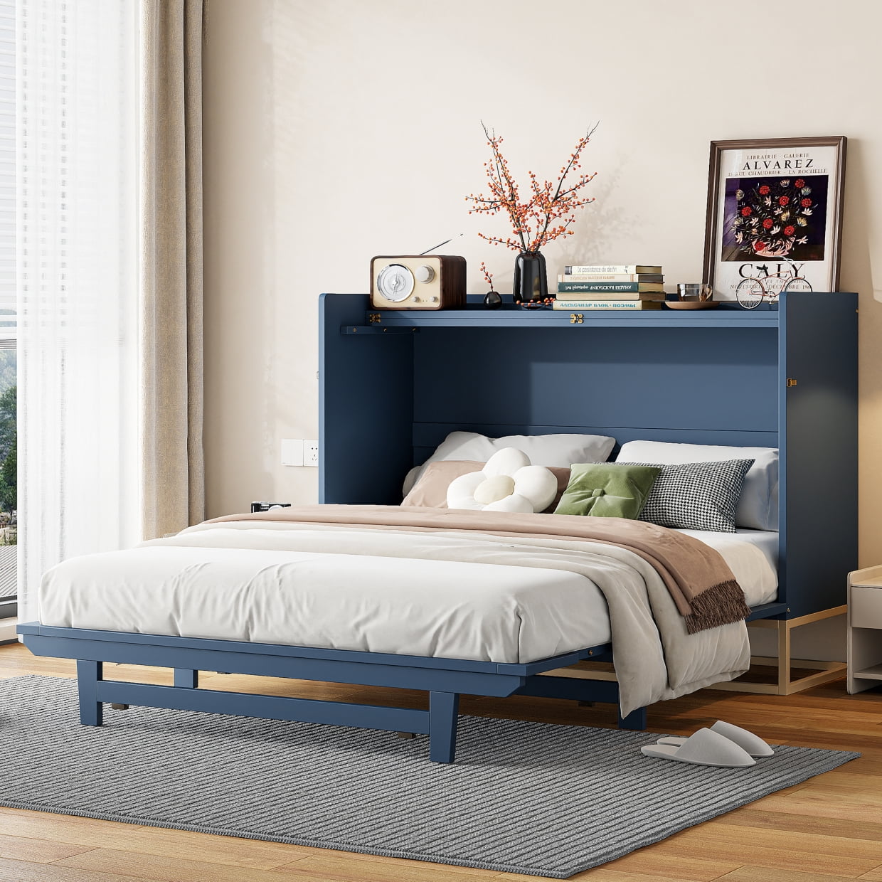 Queen Murphy Bed with Cabinet, Space Saving Wall Bed with Iron Legs and ...