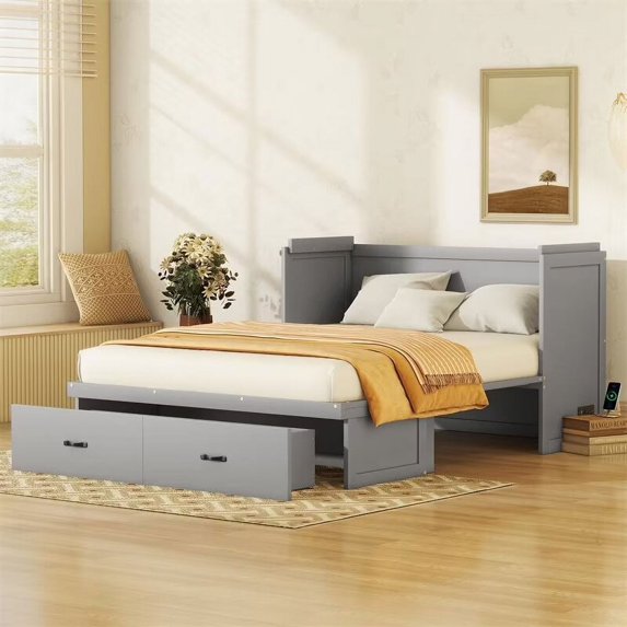 Queen Murphy Bed Cabinet with USB Port and a Large Drawer, Space-Saving Chest Cube Bed, Solid Wood Storage Bed can be Folded into a Cabinet,for Small Spaces Apartments Studio Guest Room, Gray