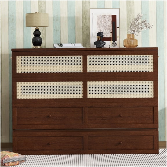 Queen Murphy Bed Cabinet with Storage Drawer, Space Saving Wall Bed with Rattan Doors, Solid Wood Frame for Bedroom