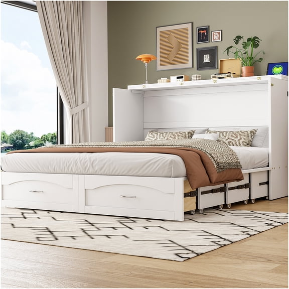 Queen Murphy Bed Cabinet with Storage Drawers & USB Charging Station, Space Saving Wall Bed with Easy Lift Mechanism