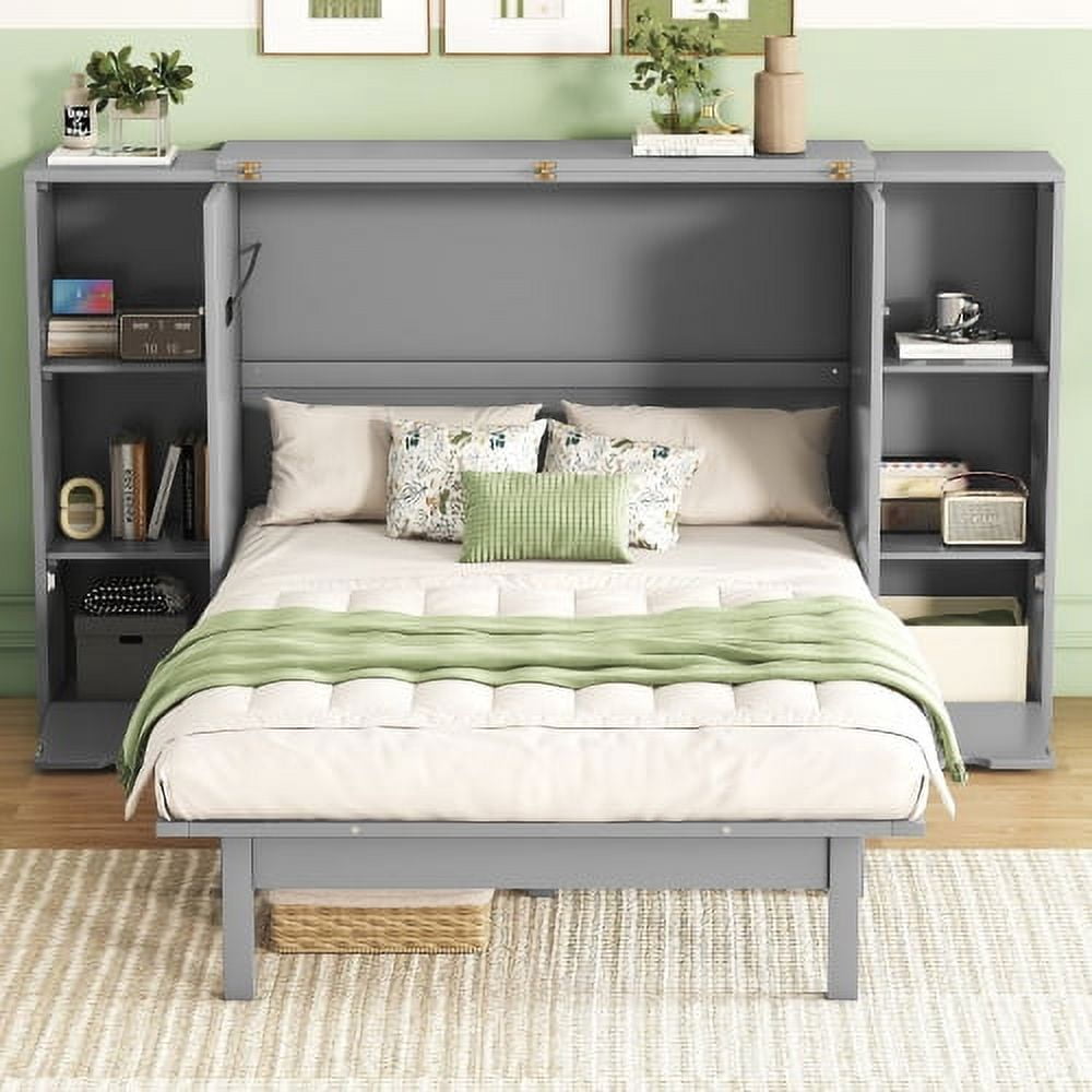Queen Murphy Bed Foldable into Cabinet, Modern Wall Bed with 2 Drawers ...