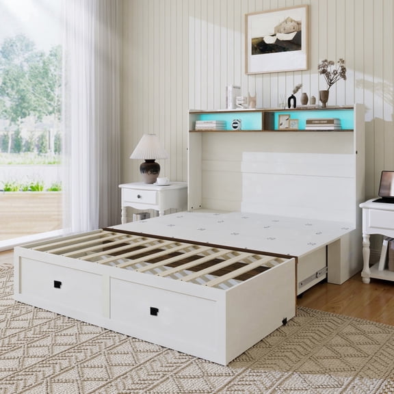 Queen Murphy Bed with LED Lights & Charging Station, White Farmhouse Foldable Wall Bed with Open Shelves & Drawers, Space-Saving Cabinet for Home Office, Guest Room, Heavy-Duty