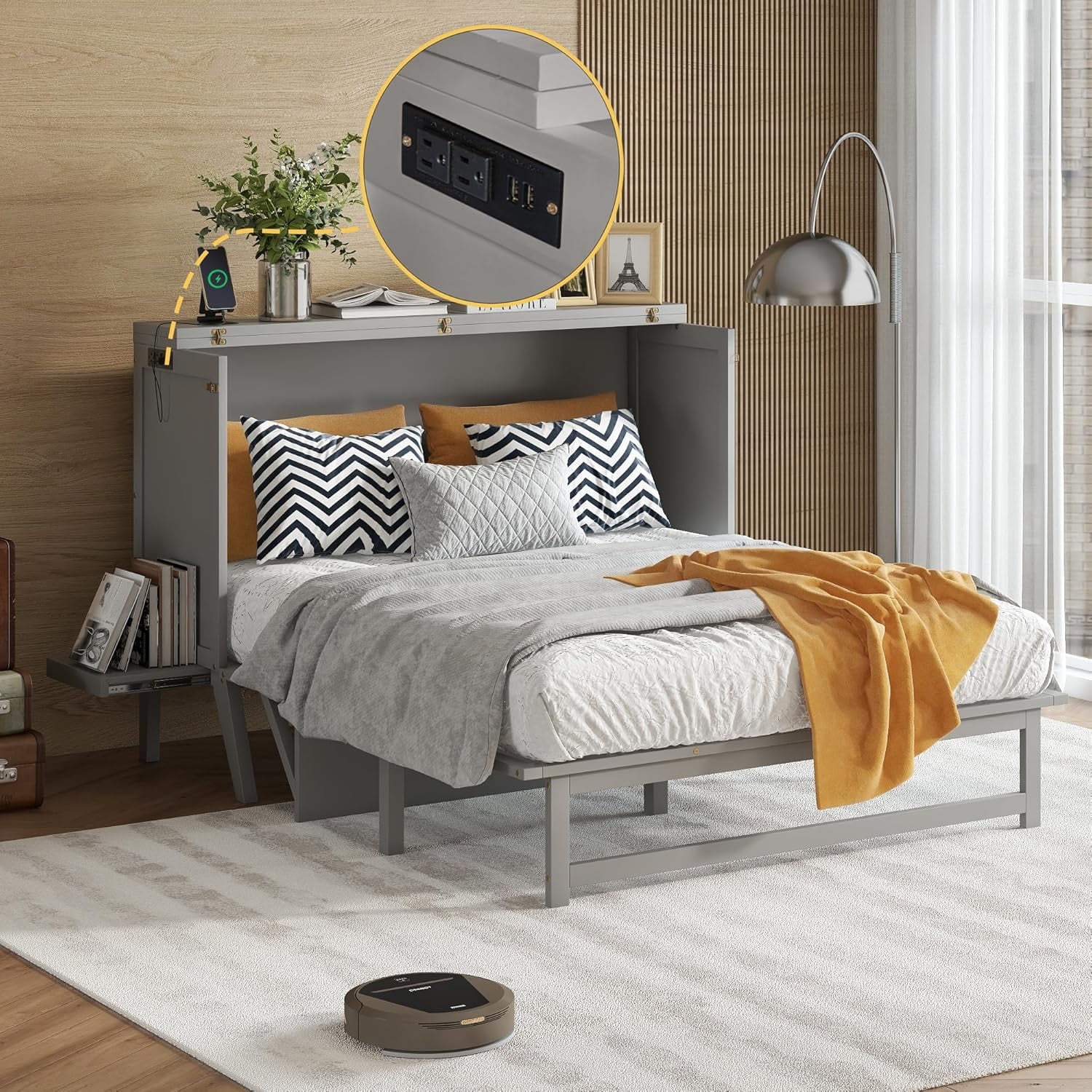 Queen Murphy Bed with Storage Drawer and Charging Station, USB Port ...