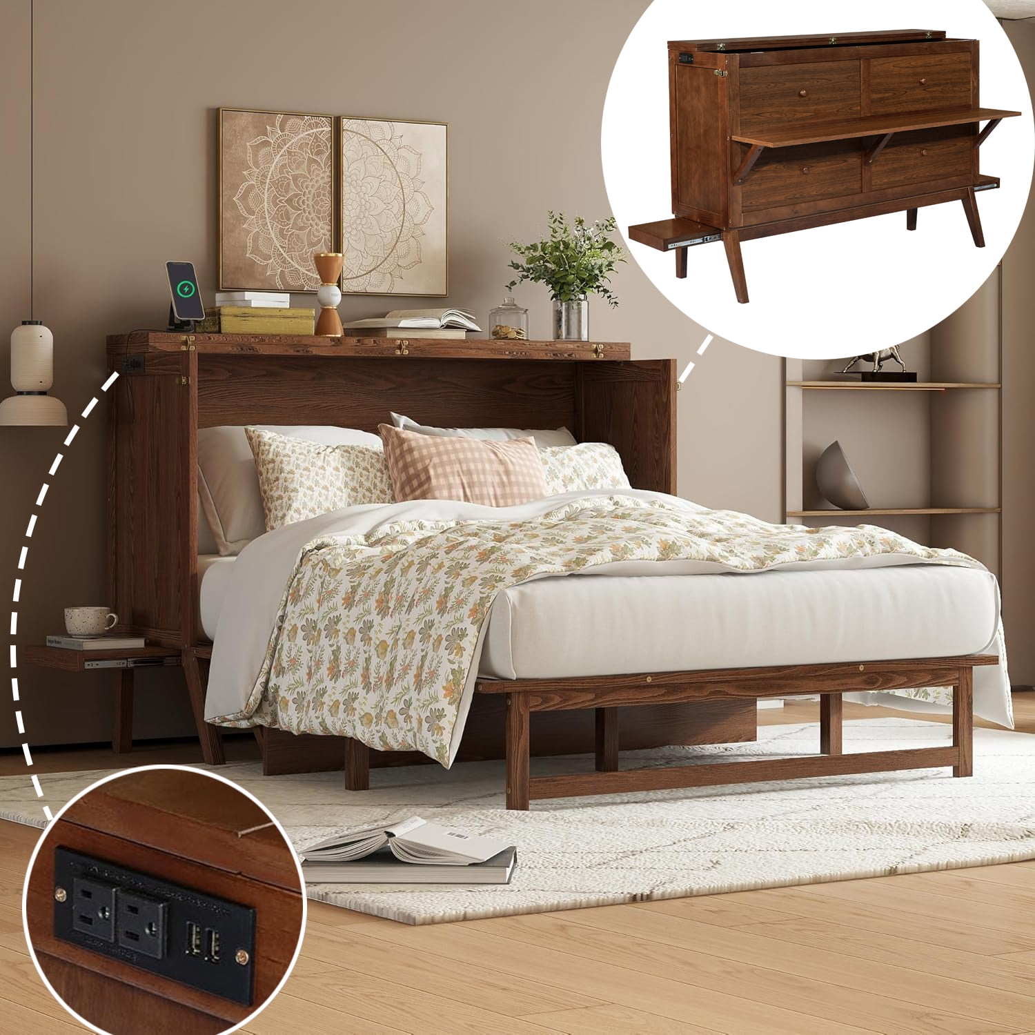Queen Murphy Bed with Storage Drawer and Charging Station, USB Port ...
