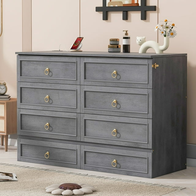 Queen Murphy Bed With Large Drawers,Gray