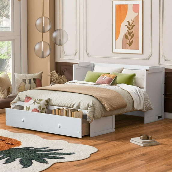 Queen Murphy Bed, Wood Murphy Cabinet Bed with Storage Drawer & USB Charging Station for Living Room Apartment (White)