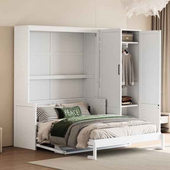 Queen Murphy Bed with Built-In Shelf and Wardrobe / All-in-One Storage Solution