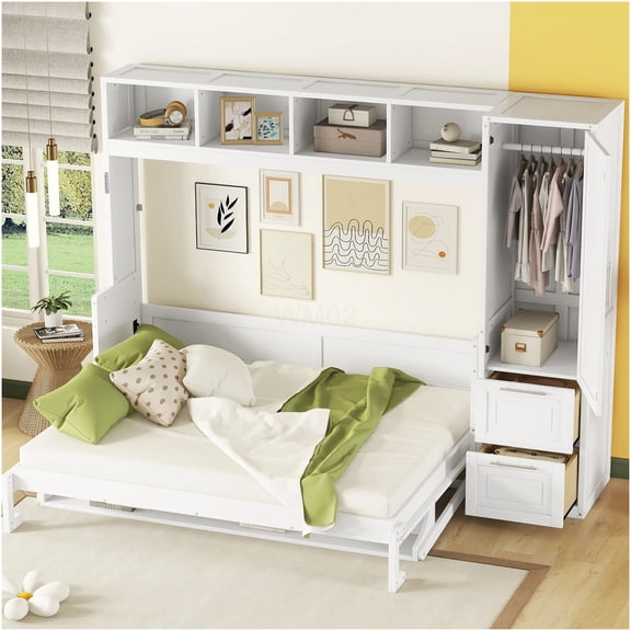 Queen Murphy Bed with Built-in Closet & Storage, Space Saving Wall Bed Cabinet for Small Spaces, White