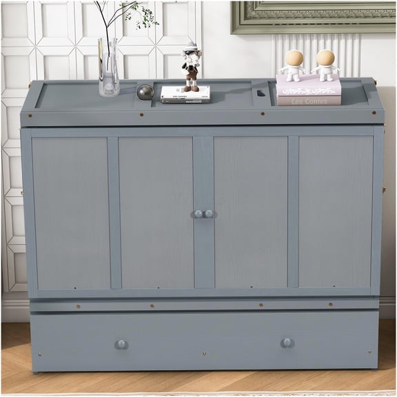 Queen Murphy Bed with Charging Station & Storage Drawer, Space Saving Wall Bed Cabinet in Gray