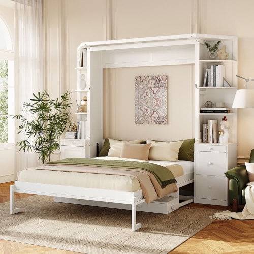 Queen Murphy Bed with Desk, Hidden Workstation, Storage Shelves & Cabinets, Wall Bed with Lights, White