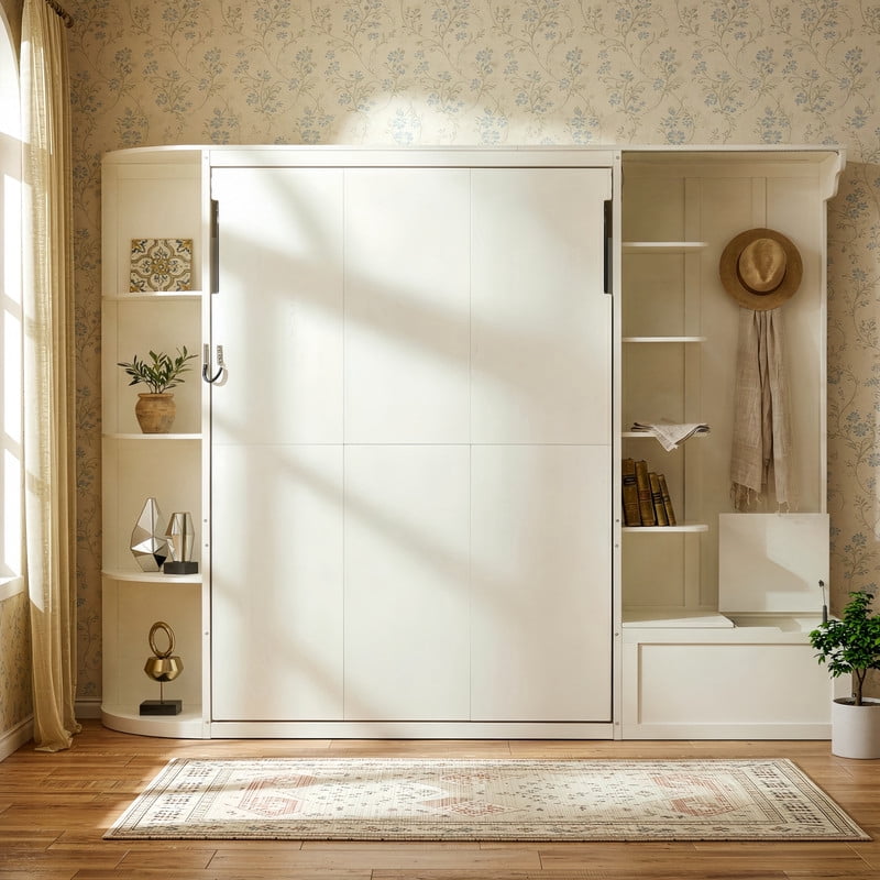 Queen Murphy Bed with Shelves, Coat Hook & Hidden Storage Cabinet, Space-Saving Wall Platform Bed with Built-in Lights
