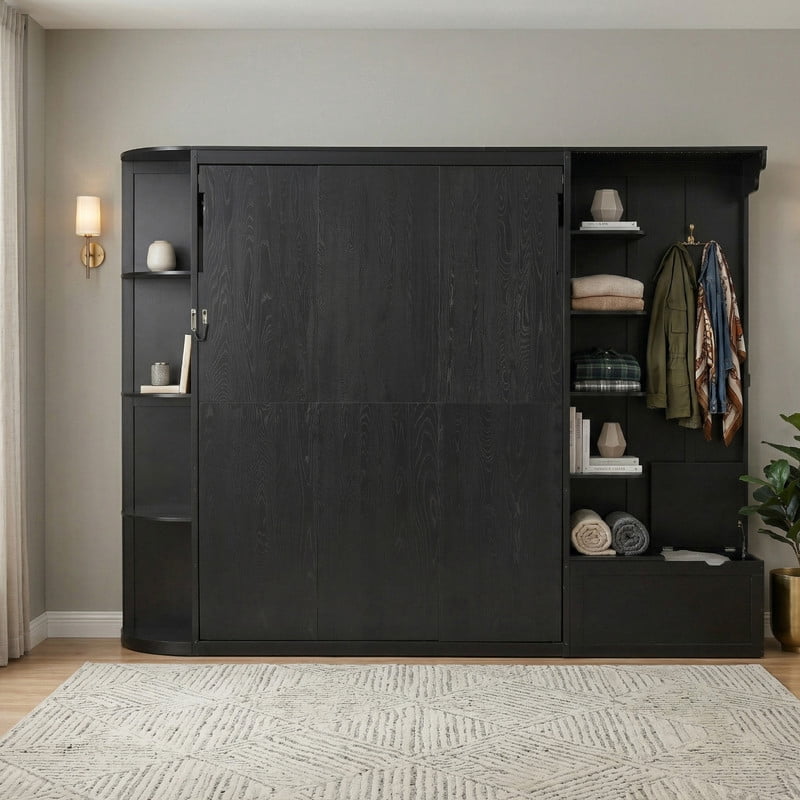 Queen Murphy Bed with Shelves, Coat Hook & Hidden Storage Cabinet, Space-Saving Wall Platform Bed with Built-in Lights