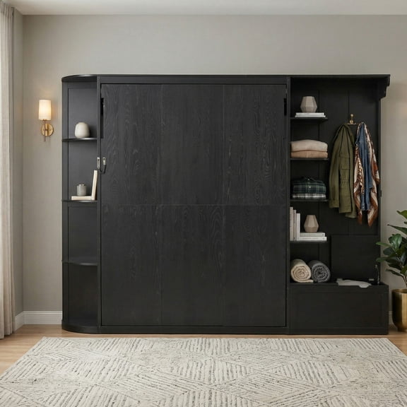 Queen Murphy Bed with Shelves, Coat Hook & Hidden Storage Cabinet, Space-Saving Wall Platform Bed with Built-in Lights