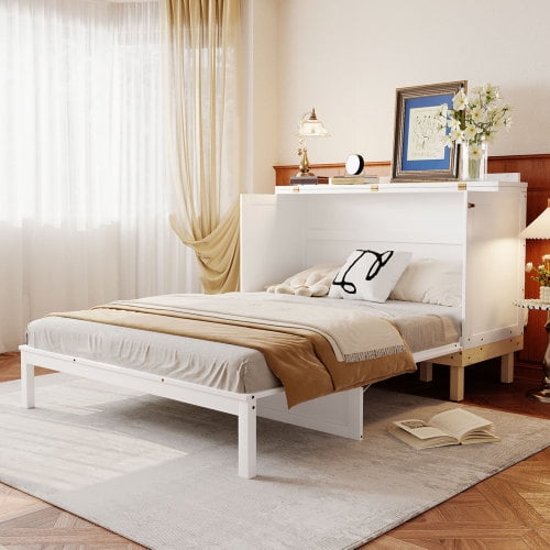 Queen Murphy Bed with Storage Drawer & USB Charging, White Space-Saving Wall Bed Cabinet, Solid Wood Fold-Down Bed for Small Spaces