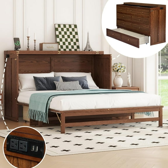 Queen Murphy Bed with Storage Drawer and Charging Station, USB Port, Solid Pine Murphy Cabinet Bedframe Chest Bed for Guest Room, Walnut