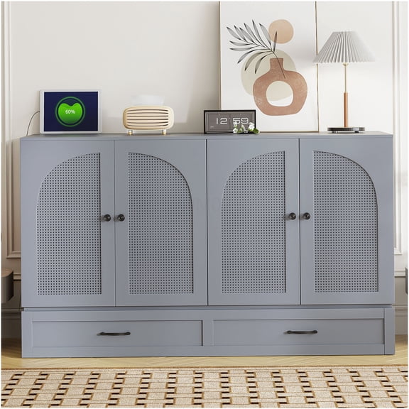 Queen Murphy Bed with Storage Drawers & USB Charging, Space Saving Wall Bed Cabinet for Small Spaces, Modern Fold Down Bed with Rattan Design