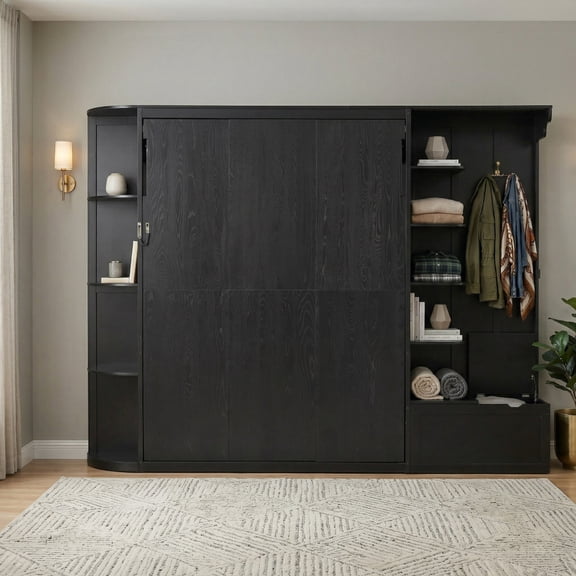Queen Murphy Bed with Storage, Lights & Fold-Out Legs - Black