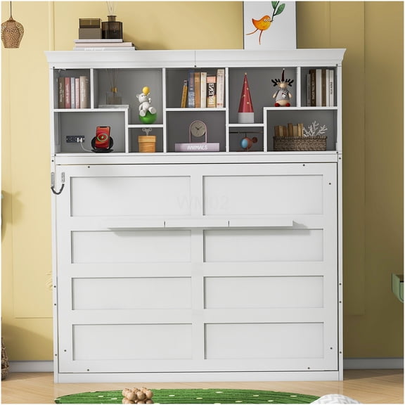 Queen Murphy Bed with Storage Shelves and USB Ports, Space Saving Wall Bed Cabinet in White