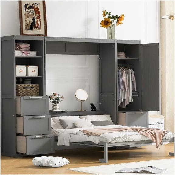Queen Murphy Bed with Wardrobe and Storage, Space Saving Wall Bed Unit in Modern Gray Finish