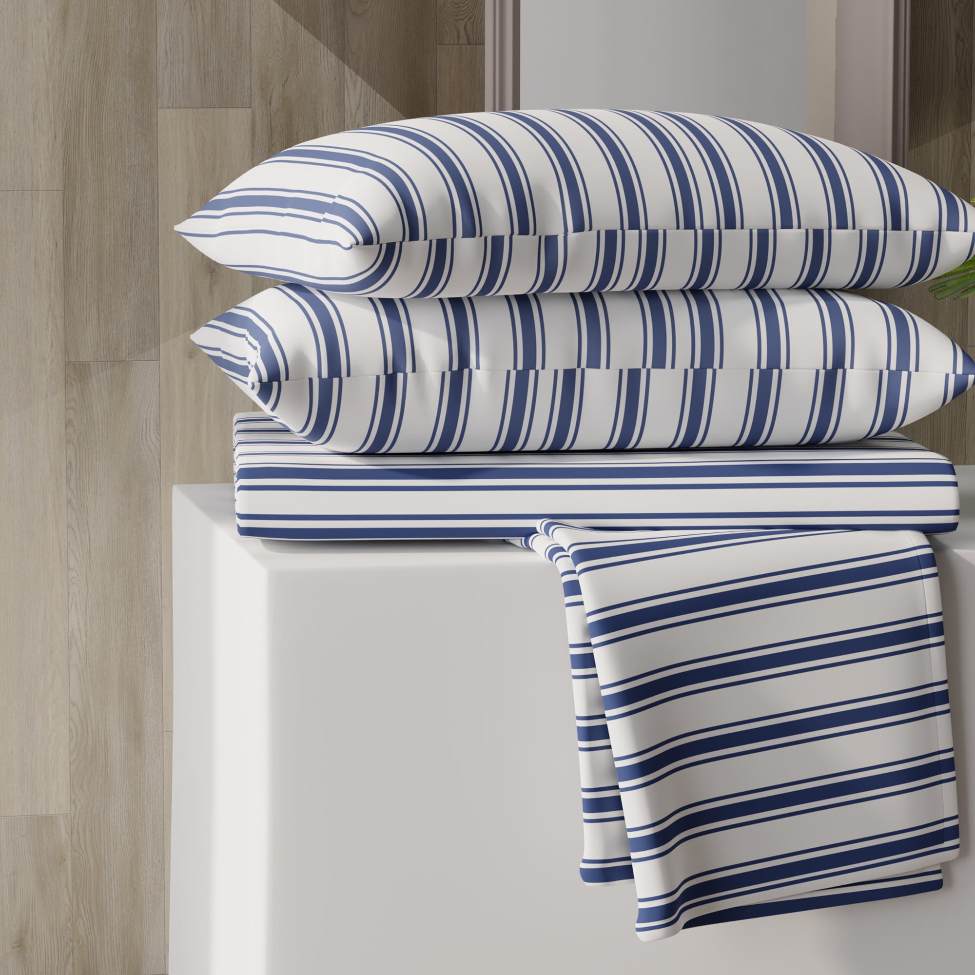 Queen Navy Stripe Cotton Blend Percale Sheet Set