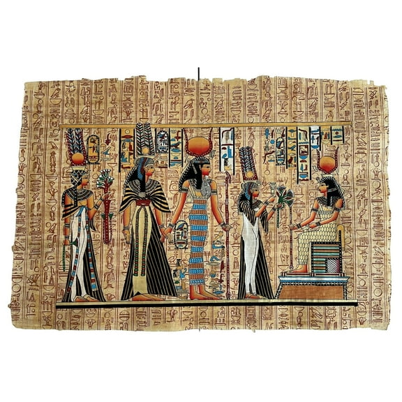 Queen Nefertari Offering Lotus Flowers to The Goddess Isis, Hieroglyphs Painting Egypt Art - Egyptian Papyrus - 24x17 inches