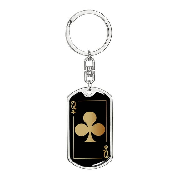 Queen Of Clubs Gold Keychain Dog Tag Stainless Steel or 18k Gold