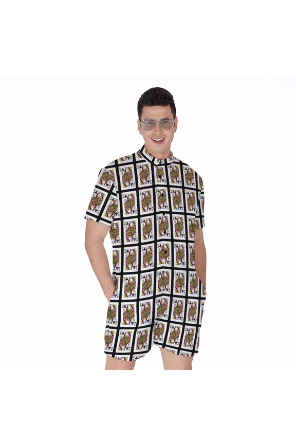 Queen Of Clubs Pattern Short Sleeve Men'S Rompers Casual Summer Jumpsuits Outfit