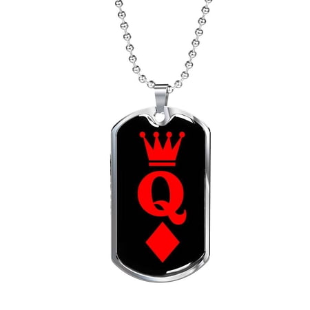 Queen Of Diamonds Dog Tag Necklace Stainless Steel 24" Chain Silver Tone or Gold Tone