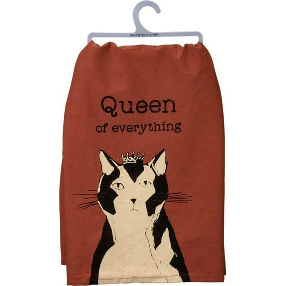 Queen Of Everything Dish Towel in Brown With Cat And Crown Design