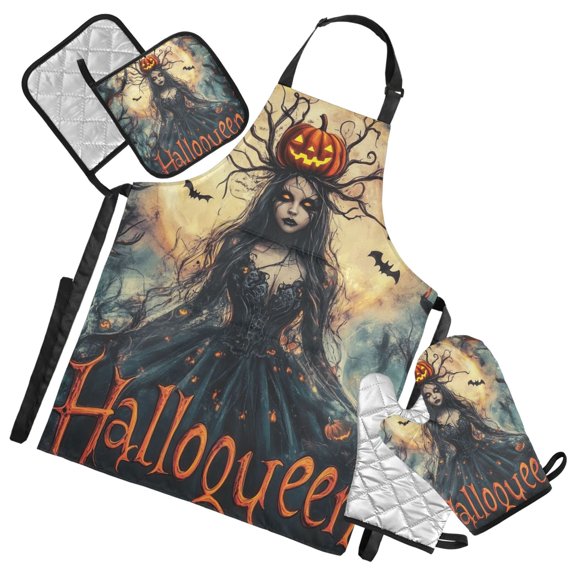 Queen Of Halloween Oven Mitts and Pot Holders with Chef Apron Set 5 Pcs Kitchen Cooking Set