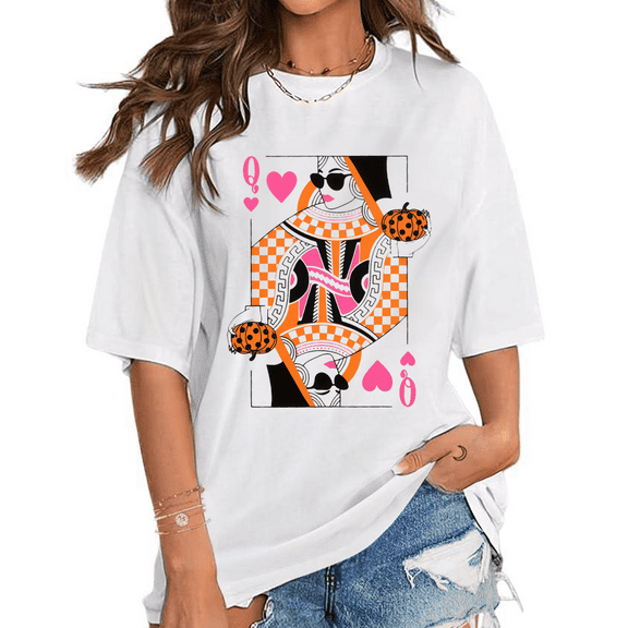 Queen Of Hearts Print T-shirts Fashion all Pumpkin Checker Graphic Tees Short Sleeve Tops Casual Shirts for Thanksgiving Outfits White,2XL