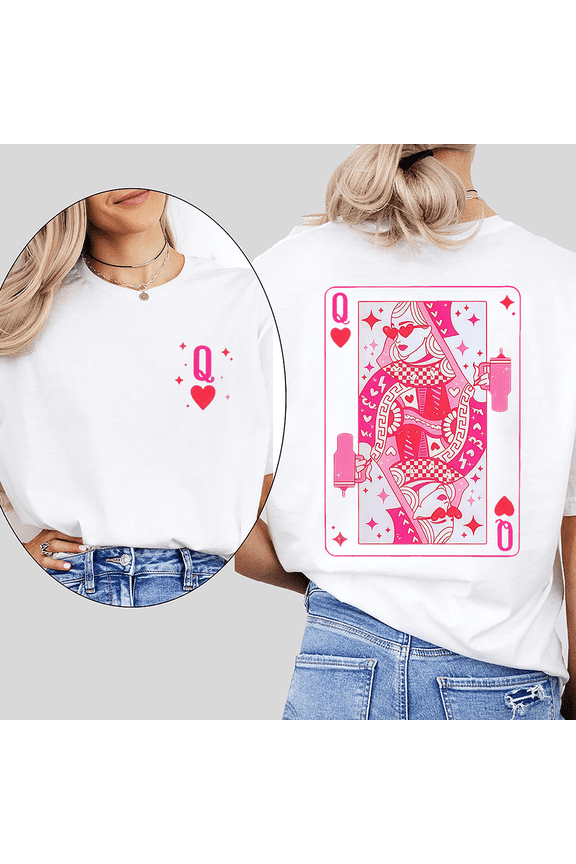 Queen Of Hearts T-shirts Coffee Playing Cards Graphic Tees Short Sleeve Casual Tops Trendy Valentines Day Shirts for Daily Outfits White,XL
