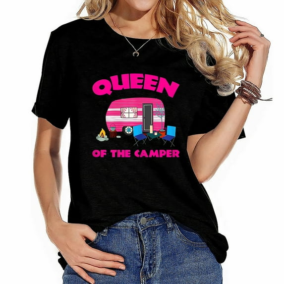 Queen Of The Camper Funny Camper Trendy Graphic Tee Shirt for Women, Soft and Comfortable Short Sleeve Top