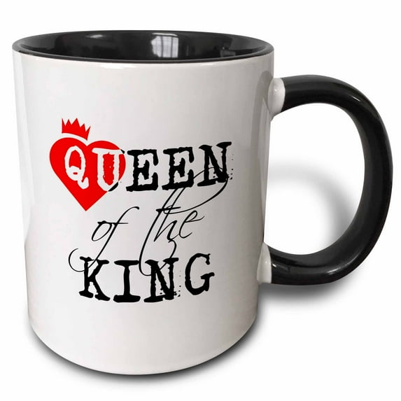 3drose, Queen of the King Black Text, White Background. Red Heart and a Crown, 11oz Two-tone Black Mug