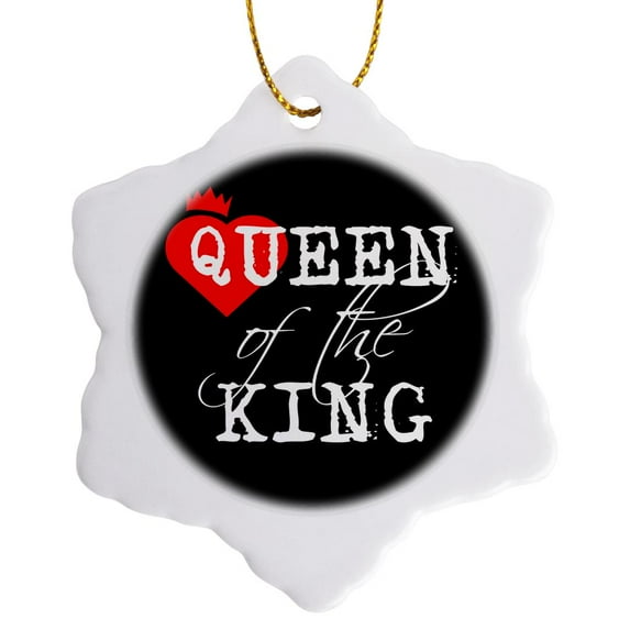 3drose, Queen of the King White Text, Black Background. Red Heart and a Crown, 3 inch Snowflake Porcelain Ornament
