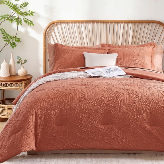 Queen Orange Botanical Textured All Season Lightweight Bed-in-a-Bag