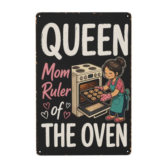 Queen of the Oven Metal Wall Decor Sign 8x12 Inch - Mom Ruler Kitchen Decoration with Vintage Rustic Style and Four Pre-Drilled Holes, Easy Hanging, Indoor Outdoor Use Cooking Theme