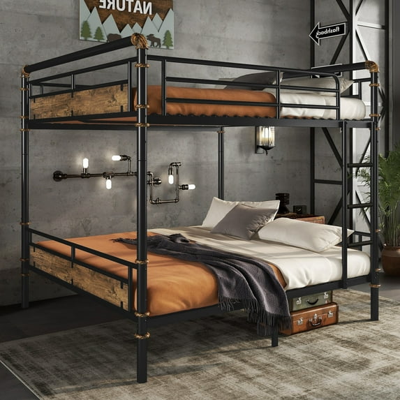 Queen Over Convertible Quad Bunk Bed,Industrial Detachable Bunkbed with Safety Guard Rails for Teens,Black