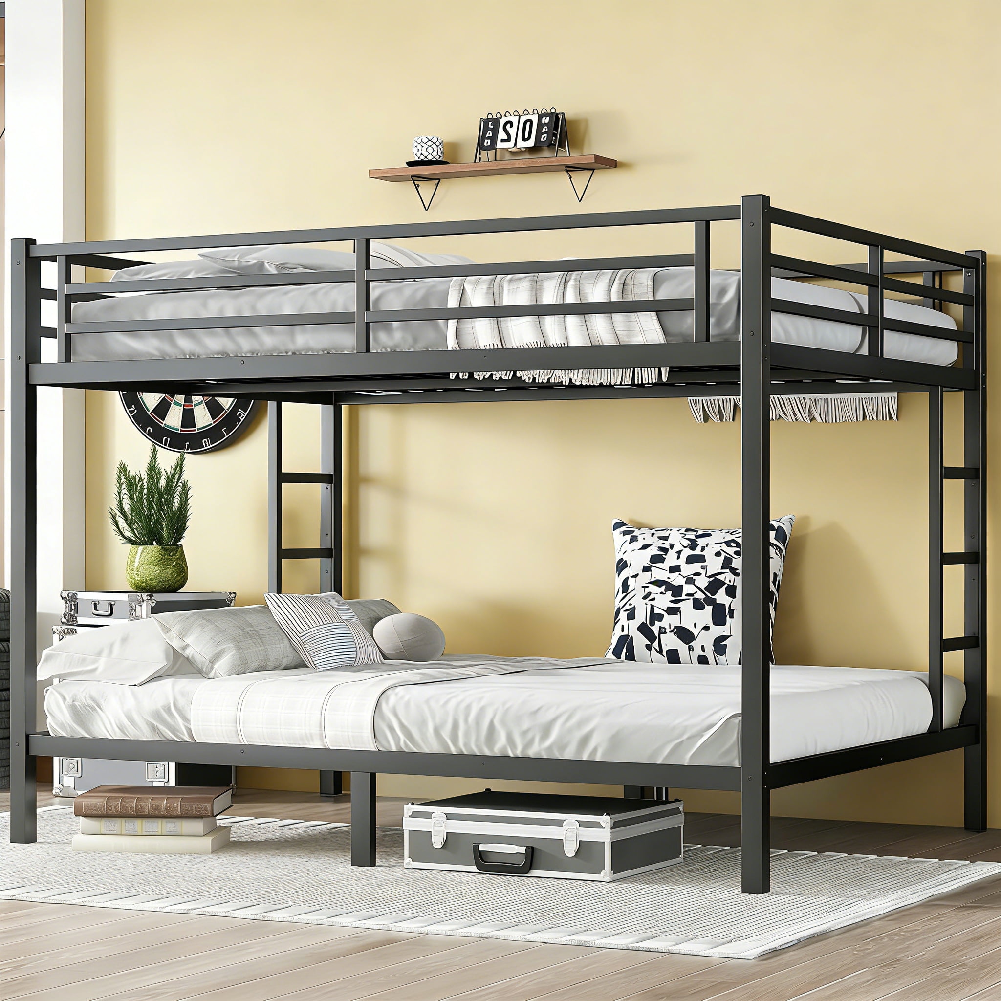 Queen Over Queen Bunk Bed Frame, Heavy Duty Metal Bunk Beds with with 2 Side Ladders, Industrial Style Queen Size Bunk Bed for Bedroom-Black