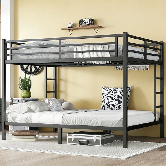 Queen Over Queen Bunk Bed Frame, Heavy Duty Metal Bunk Beds with with 2 Side Ladders, Industrial Style Queen Size Bunk Bed for Bedroom-Black
