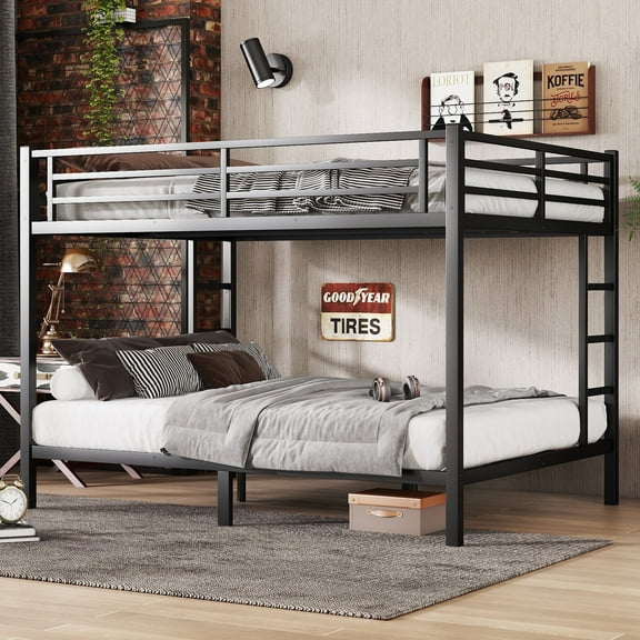 Queen Over Queen Bunk Bed Frame, Heavy Duty Metal Bunk Beds with with 2 Side Ladders, Industrial Style Queen Size Bunk Bed for Bedroom-Black