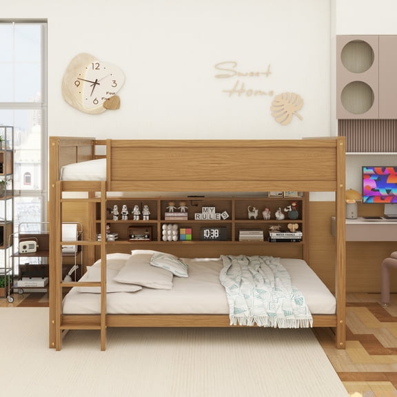 Queen Over Queen Bunk Bed with Built-in Storage Cabinets,Charging Station,Ladder,Safety Guardrails,Solid Pine Wood Bunk Bed,WHEAT